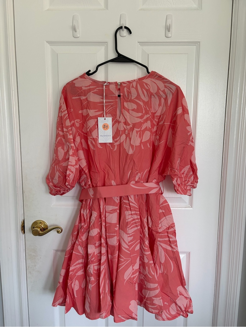 Prosperina Coral Leaf Print Belted Dress